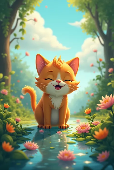 Funny cat emotional activity and nature light , cartoon fantasies realistic 