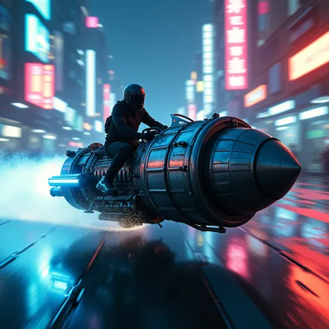 A custom-built hovercraft crafted from a repurposed aircraft turbine speeding through the neon-lit streets of a sprawling cyberpunk city. The turbine, stripped to its gleaming metallic core, hums with raw power, its thrusters glowing with an intense blue l...