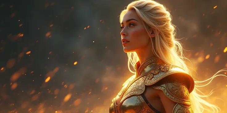  Beautiful Female Warrior , Glowing inside the eyes ,  Very Attractive Sexy Body , Under Shining Movie Lights ,  Saint Warrior Wearing Iconic Gemstone Gold Armor Height Detail Drawing Remarkable . Armor Shining Edge Glowing ， with a realistic and ultra-rea...