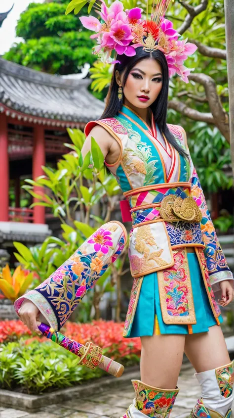 Portrait of a 25-year-old Thai-Japanese female model, with smooth white skin, using high-end cosmetics, cosplaying as a modern female warrior, wearing a colorful brocade embroidered costume, in a temple courtyard setting with a colorful flower garden.