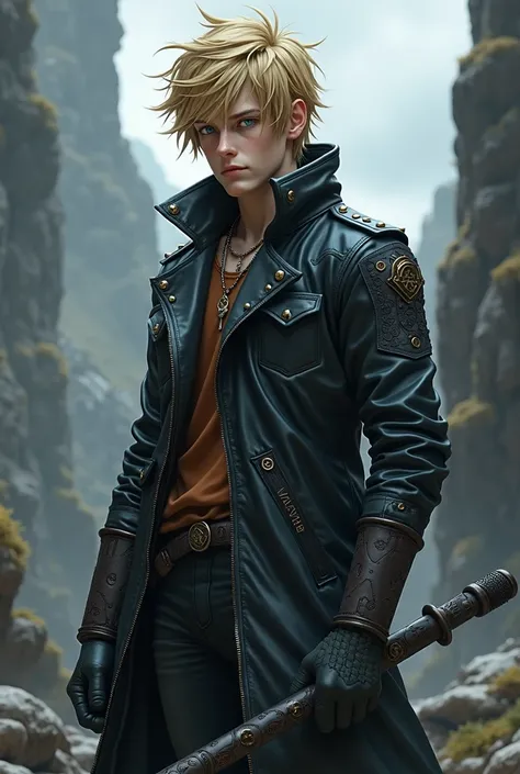 Jaune Arc from RWBY wearing a studded leather jacket with an ancient black walking staff covered in runes.