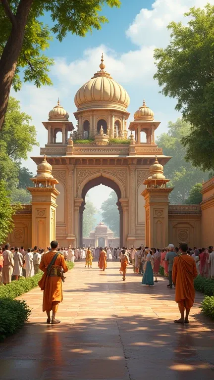 "Morning scene, the royal palace of Vijaygarh, greenery and prosperity all around. The people are busy working happily, and the guards are standing alert at the gate of the palace."