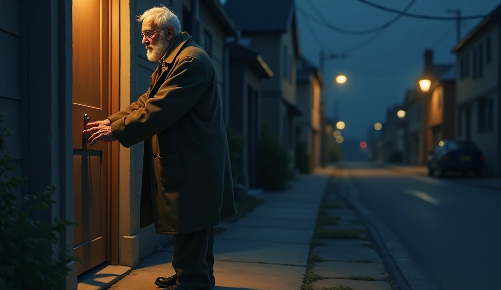 an old man visiting different homes at night, softly knocking on doors, with a calm, inviting posture