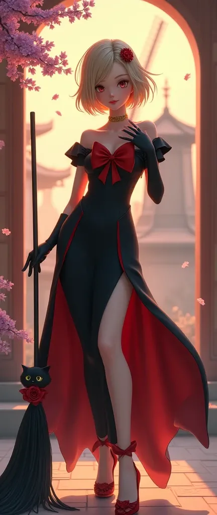 Hayao Miyazaki「Kikis Delivery Service 」Magician in China , Photo realistic style CG, Mature,  Sexy , Sweet, gentle, Strong , Strong , Confident, professional, perfect face,  Right hand placed on chest ,  in her left hand holding a flying broom ,  by the fe...