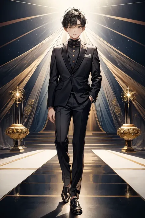 ((Best quality)), ((masterpiece)), (detailed), ((perfect face)), 10 old boy, short boy, black hair, 150 cm tall, standing alone on an awards ceremony stage, full body, spotlight, Wear a suit, Holding a golden trophy, ceremony stage, stage, spotlight (dista...