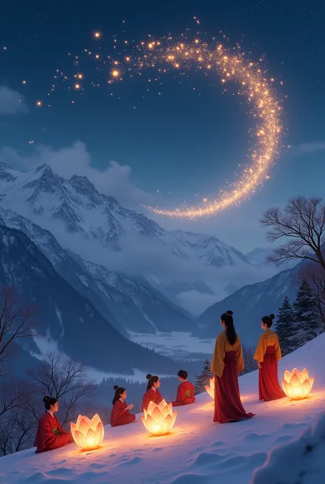 Make me an image of some ren in the mountains throwing lanterns in the sky one Christmas night and that those lanterns form a spiral to the right
 