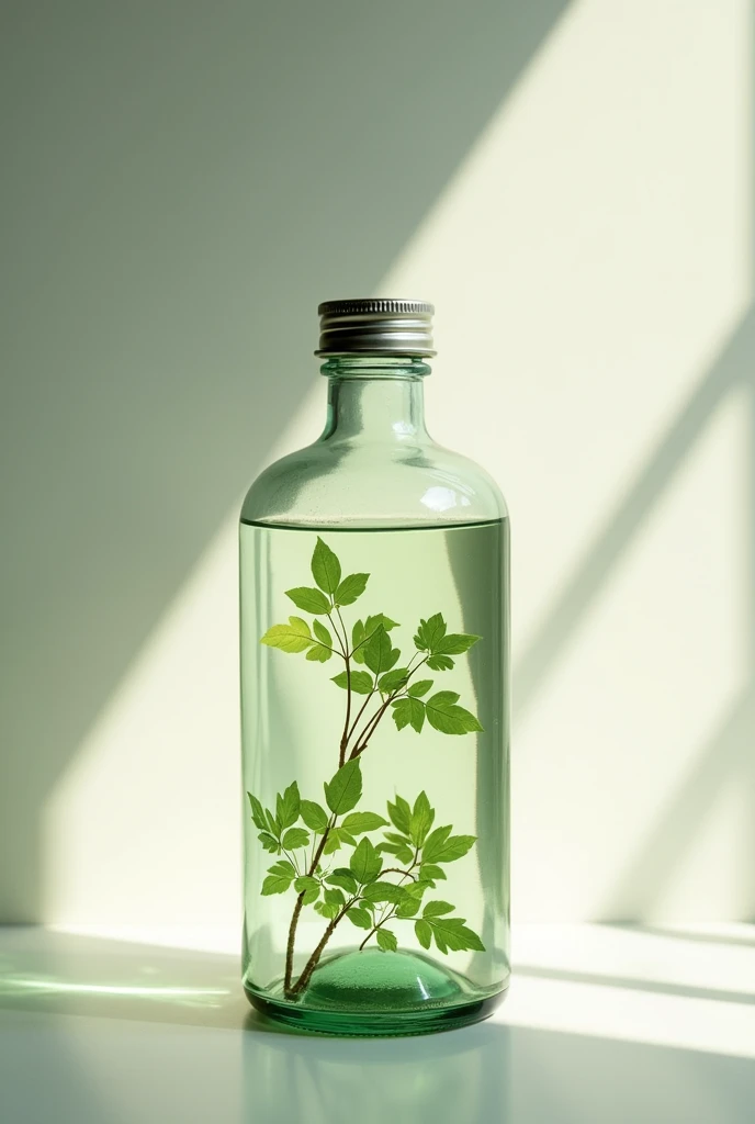 Describe a serene and artistic composition featuring an elegant glass bottle with a metallic cap. Inside the bottle, delicate green leaves are suspended, creating a sense of tranquility and connection to nature. The soft lighting casts gentle shadows, high...