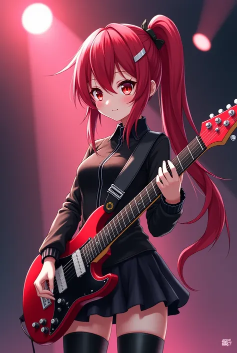 Long hair with pony tail style.. Crimson color with a mark hair pin cool style

Red pupil with mark pattern on the left side of the eyes

She wear a modern japanese style cloth band group with mostly black and crimson theme

Make her hold an electric guita...