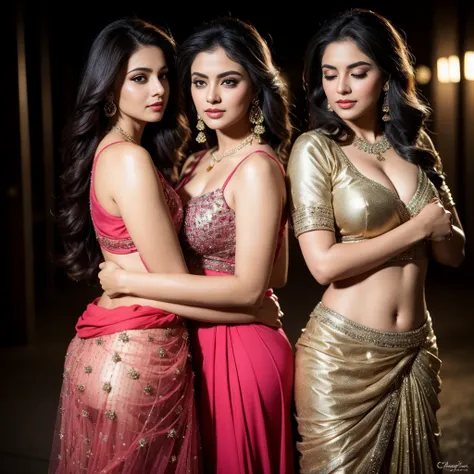 Two stunning Indian women, dressed to the nines in elegant party wear, standing in a dimly lit street corner on a sultry late night. Their outfits are a masterful blend of traditional and contemporary styles, hugging their figures tightly and accentuating ...