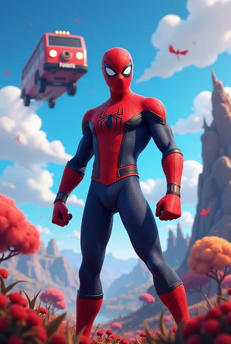 An image of Fornite with Spiderman Miles Morales and in the background that the Fornite bus leaves and that says leaks above, With beautiful handwriting 