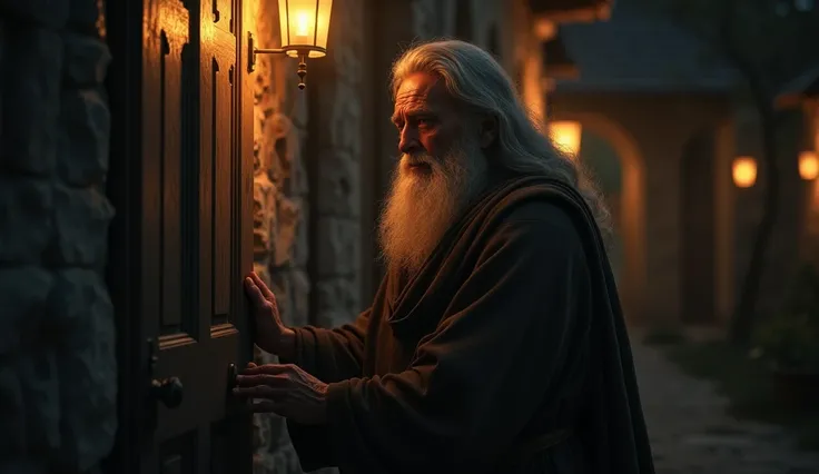 a weathered old prophet, softly knocking on doors at night, with a calm and inviting posture, detailed wrinkles, long beard, flowing robes, candlelight, warm lighting, atmospheric, moody, chiaroscuro, muted tones, photorealistic, 8k, cinematic, master ligh...