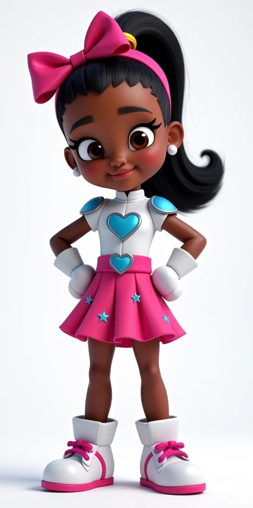 Cleo, pj masks OCs, Afro-American skin, ponytail hair, red Headbow, white suit with blue heart symbol and Silver Flying Shoulder Vest  white sleeves, magenta belt with pink skirt with pink star spots, white shoes with pink laces, pj masks style 2d animatio...