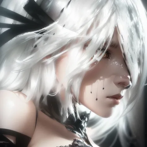 Close up of a person with white hair and a black mask, 2b from Nier automata, 2b ... from Nier automata, 2b Nier automata, Nier : Inspired by automata, Nier:Inspired by automata, 2b ..., 2b, film still of 2b Nier automata, Nier inspired, Nier 2b ...,  Stun...