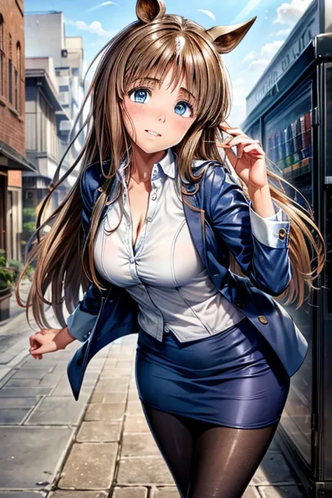 grass wonder (Uma Musume),  taking pictures  , cute girl, (( One Girl )), ((baby face:1.4)), ((cute:1.4)), 
break 

(( business suit)) : ((Blue suit jacket :1.3)) + ((White dress shirt)) + (( blue pencil skirt :1.3)) + ((low denier sheer black pantyhose:1....