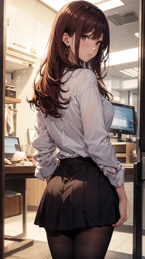 (masterpiece),( top quality), ( very detailed with crimson hair),(Alone),woman,secretary, In-House Prostitution  ,Beauty,Age 25,  Long Brown Hair ,bangs, OL, necklace,  earrings, ( back view,Watch Head ), attention to beautiful details, Shyness, Glass Wall...