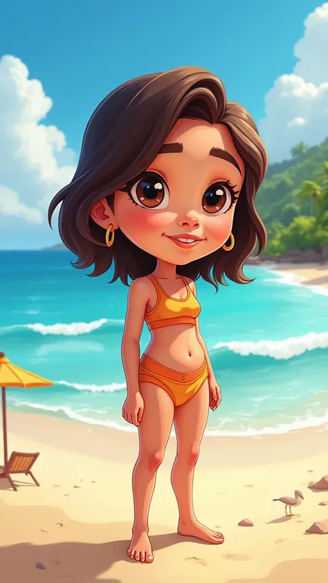 Make a cartoon as close as possible to the photo by changing the background to a realistic beach landscape 