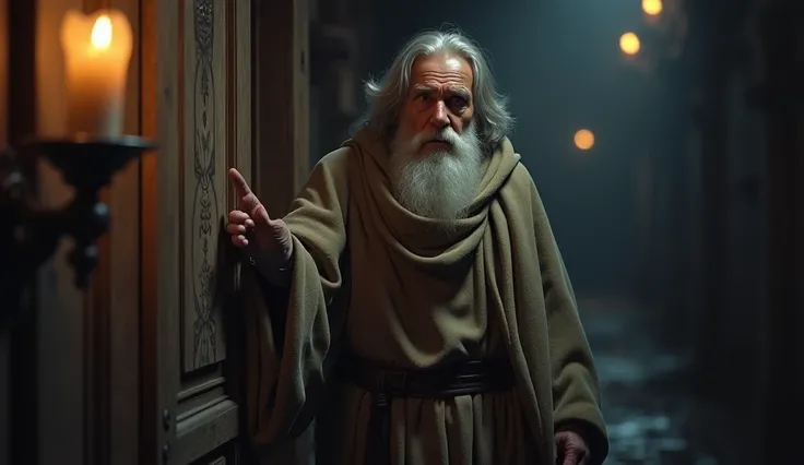 a weathered old prophet, softly knocking on doors at night, with a calm and inviting posture, detailed wrinkles, long beard, flowing robes, candlelight, warm lighting, atmospheric, moody, chiaroscuro, muted tones, photorealistic, 8k, cinematic, master ligh