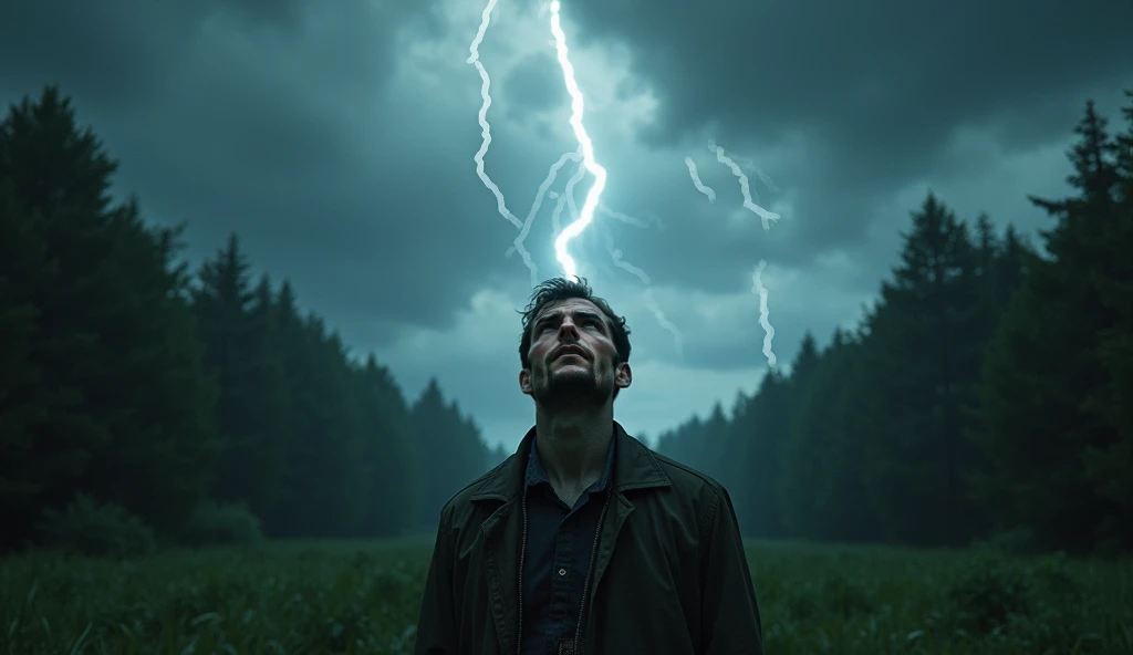 cinematic dramatic man in Forrest looking up at dramatic stormy sky, dark clouds, lightning, awe-inspiring, 1 man, detailed face, intense expression, detailed clothing, dramatic lighting, moody atmosphere, realistic, photorealistic, highly detailed, 8k, ma...