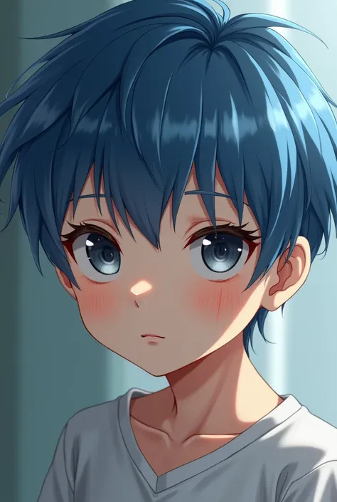  Boy with beautiful blue hair and gray eyes . Light beige skin  . age s .  Clothing - blue t-shirt with blue wide pants  . scratch on face (  just above the left cheek  ) .   The physique is a thin  , but not too much  .  The eyes are not anime  ! Crapina ...