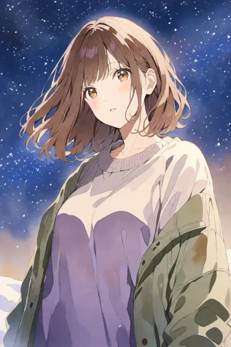 (Alone), (1 Female),(watercolor), (cute),(sexy),(brown hair ),  (straight hair),(Bob hair),(brown eyes), (a dirty look),( Stylish),(knit casual dress), (),(Oversized shirt),(Face up), (glossy hair), (starry sky),(snow ),( jacket),(Xmas)