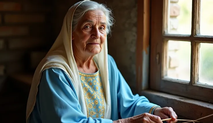 Portrait of Ana ,  an elderly woman with a kind and serene face .  She wears a sky blue tunic ,  of soft and fine fabric ,  decorated with gold embroidery on the neck and sleeves .  A pearly white mantle covers her head and shoulders ,  with soft folds tha...