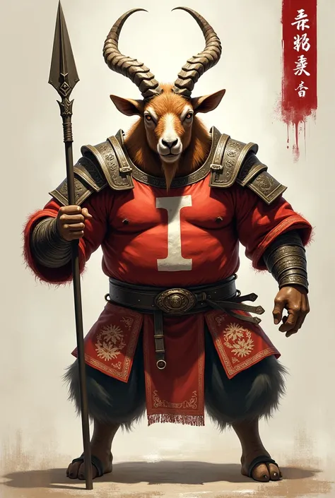  The burly male goat turns his head ,  wearing a chinese war suit carrying a spear, theres the letter i on his chest 
