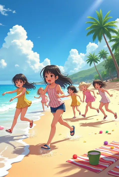 Female elementary school students playing on the beach