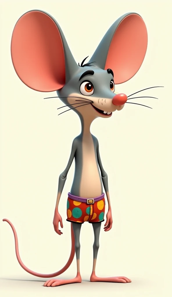 A cartoonish and skinny mouse, standing upright on two legs, wearing only a colorful pair of boxers. The mouse has exaggerated, comically large ears and a mischievous grin, with an over-the-top skinny body and long tail. The background is plain and simple,...