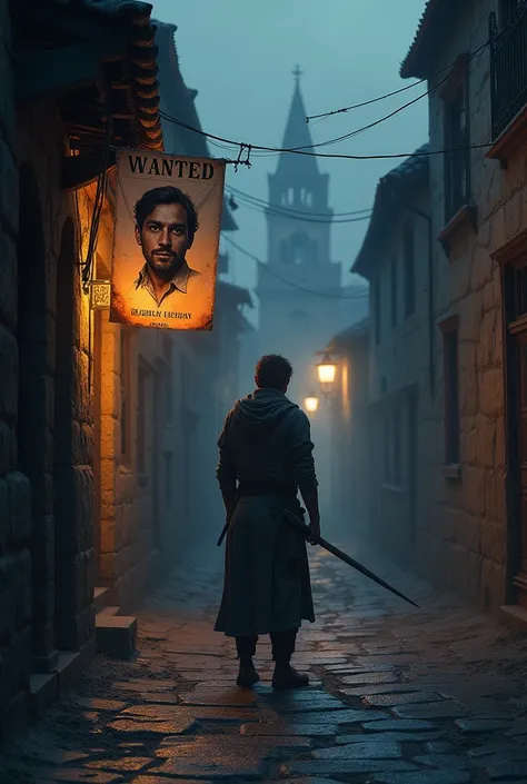 Medieval city streets at twilight, empty except for scattered wanted posters blowing in the wind. One poster clearly shows Ishans face our main character male, partially burned and illuminated by a street lamp.