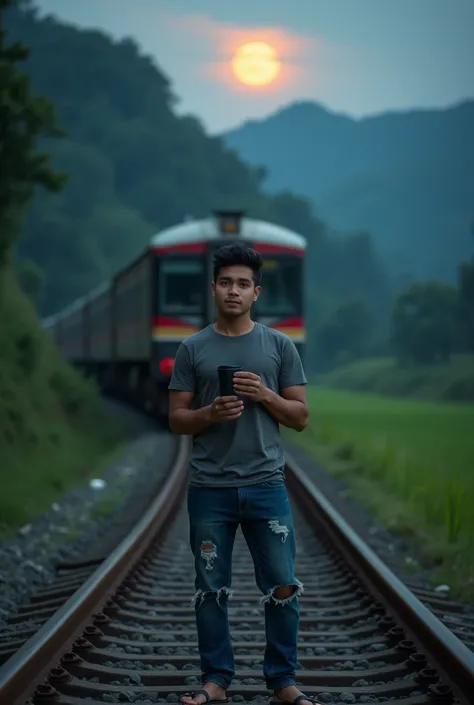 A young Indonesian mans face looks handsome T-shirt jeans torn at the knee sandals flip flops Sitting on the rails KrL his hands holding a cup of black coffee .and it looks like a KRL train passing behind her as if it were about to hit the nta. on the nigh...