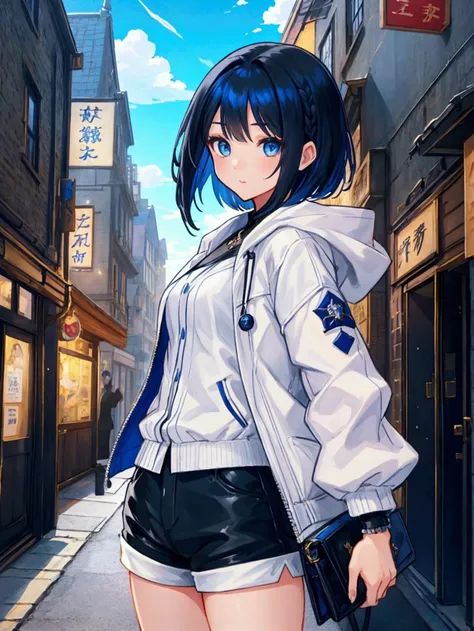 Like a game cover、background（backgroundは日没の夕焼け、In the sky、Sky都市、Sky、blue and black contrast、 Medieval Streetscape 、The cathedral shines brightly）、 pose（ dynamic ）、 character（Tree Eyes,Sparkling blue eyes）、Hairstyle（ medium hair ,  black and blue hair）、clot...