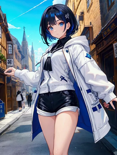 Like a game cover、background（backgroundは日没の夕焼け、In the sky、Sky都市、Sky、blue and black contrast、 Medieval Streetscape 、The cathedral shines brightly）、 pose（ dynamic ）、 character（Tree Eyes,Sparkling blue eyes）、Hairstyle（ medium hair ,  black and blue hair）、clot...