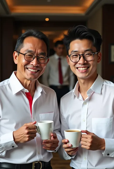  4D photo of joko widodo with a handsome young man with glasses aged 30 years sitting relaxed while enjoying a cup of coffee,  both wearing formal uniforms white shirts combined with red , Behind there are three bodyguards.,  faces facing the camera clearl...