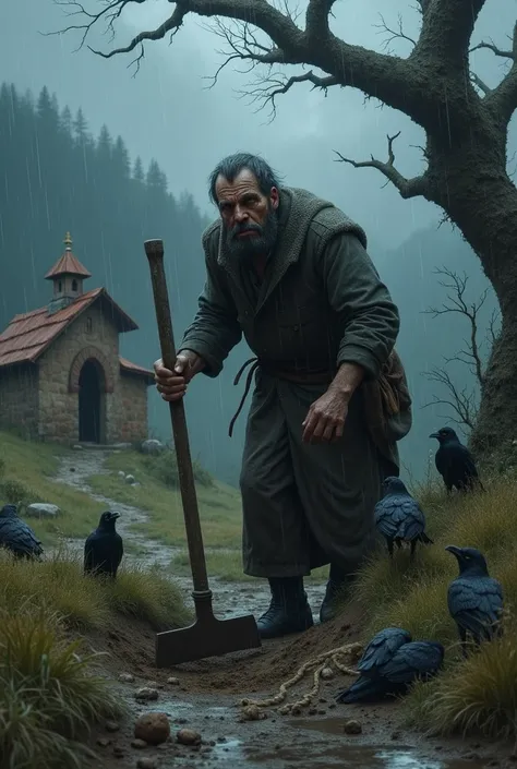  In the village of Ushguli in Georgia , il pleut sous l orage un paysan patibulaire avec une cicatrice sur le visage, He digs a hole with a pickaxe in front of the old chapel. On the ground a dress ,  a rope and crows . Behind, un arbre avec une branche fe...