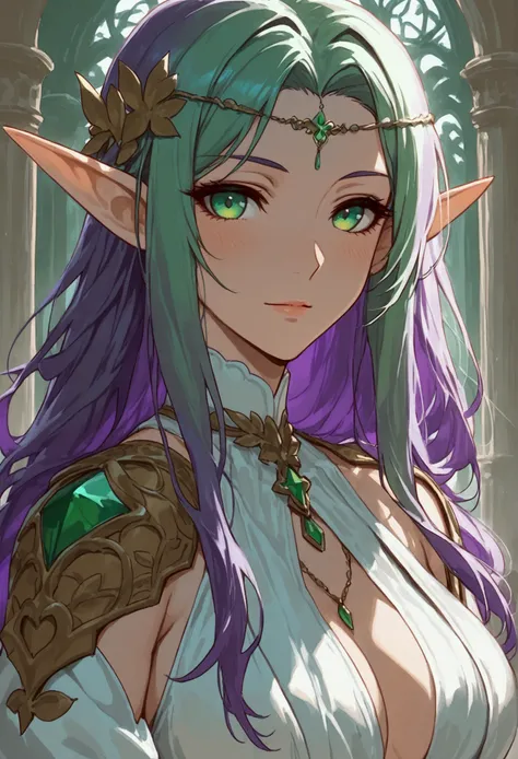 score_9, score_8_up, score_7_up, score_6_up, score_5_up, score_4_up, Arafed, a portrait of an elf woman, exotic beauty, long hair, purple hair color, (emerald green eyes), glamour shot, she wears an (white: 1.3) elegant suit, high heel boots, full body sho...