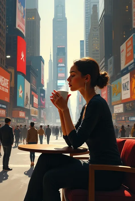 Portrait of a woman sitting sipping coffee amid the hustle and bustle of a big city with only chaos