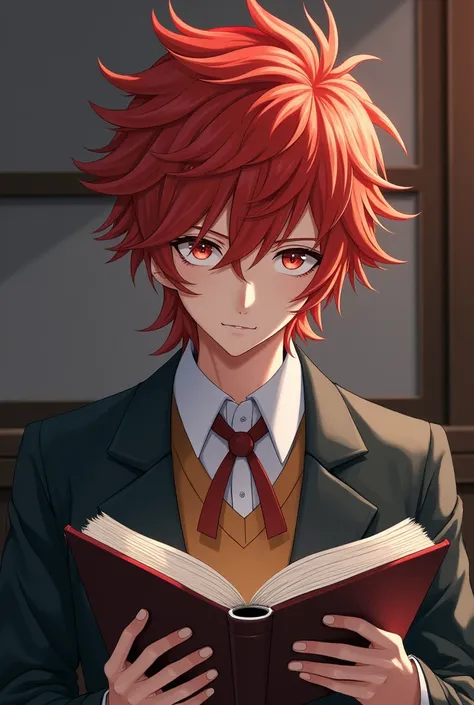  A guy with red, sprouted hair up to his shoulders (or with a low tail ) ,  brown-reddish eyes , with a book in her hands ,  in a school academy uniform 