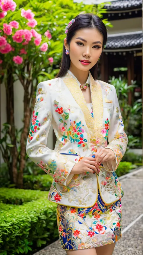 Portrait of a 25-year-old Thai-Japanese female model, with smooth white skin, using high-end cosmetics, wearing brightly embroidered brocade office attire, in a temple courtyard setting with a colorful flower garden