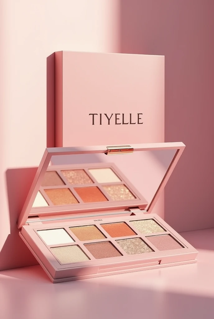 Create an image of a highlighter pallete with a makeup brand name "Tiyelle" and a logo for this brand (face or face features)