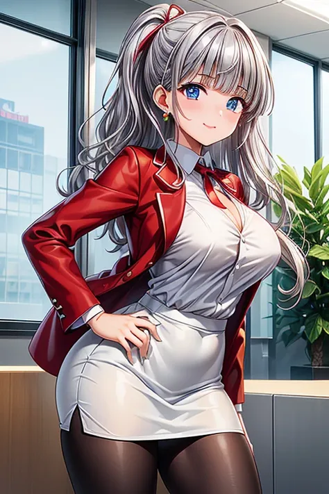  taking pictures  , cute girl, (( One Girl )), ((baby face:1.4)), ((cute:1.4)), 
break 

(( business suit)) : ((red suit jacket:1.3)) + ((White dress shirt)) + (( Black Pencil Skirt:1.3)) + ((low denier sheer black pantyhose:1.2)), ( shiny black high heels...