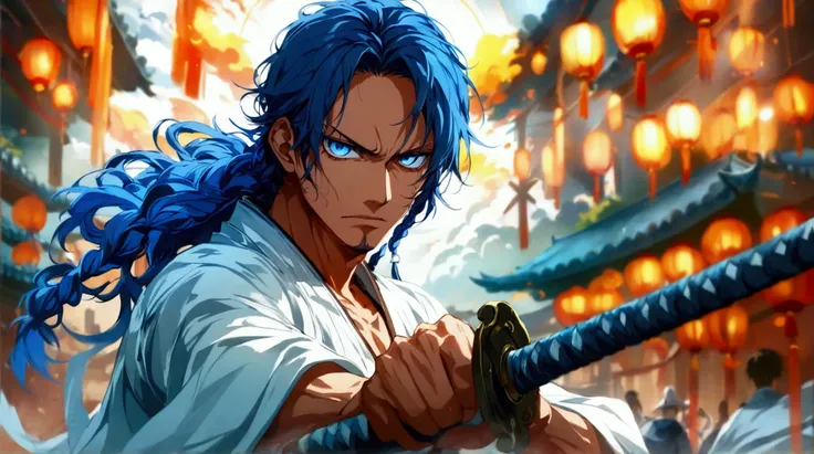 Man, thin and muscular body, blue hair with braids, bright blue eyes, look of contempt, white samurai outfit with blue accents, samurai battle background, "One Piece anime style design, 2D animation style, dramatic lighting, fine lines, impressive features...