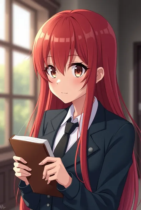 The guy with long red hair,  brown-reddish eyes , with a book in her hands ,  in a school academy uniform , pensive