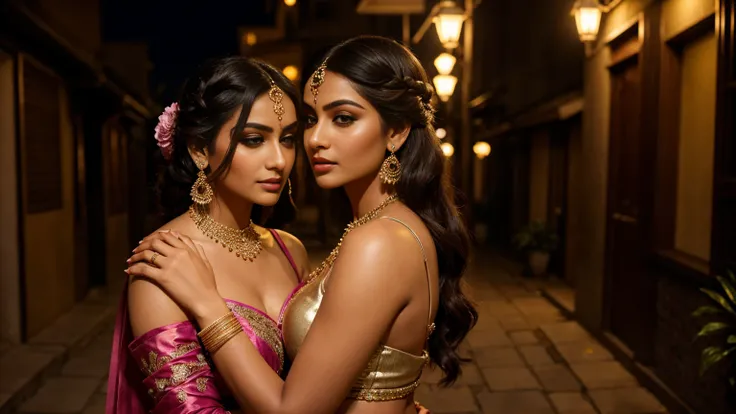 Two stunning Indian women, dressed to the nines in elegant party wear, standing in a dimly lit street corner on a sultry late night. Their outfits are a masterful blend of traditional and contemporary styles, hugging their figures tightly and accentuating ...