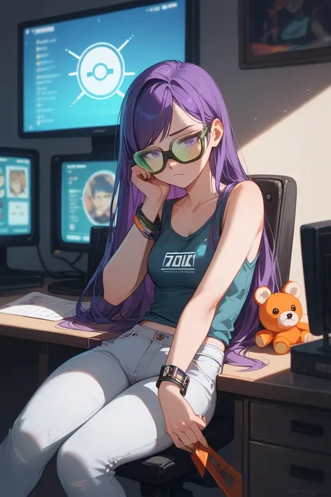 Girl with purple eyes, leaning back desk, tired expression, holding plush, purple hair, long hair, swept bangs, thin, green tinted goggles on face, wearing dark blue tank top, white jeans, mechanical-saw, sawing into black crystal, orange sparks, dark room...