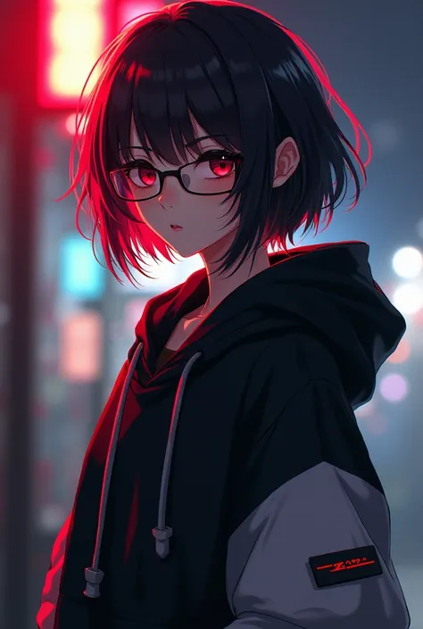 Short hair: Black with dark red gradient
Wear glasses
She wear a oversize white-black Hoddie style like Japanese style fashion
Make her look cool

Anime style like music anime