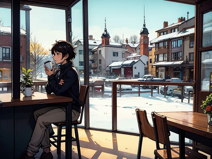 A cartoon style kitten who is in a cafe with a coffee in his hand and who has a view looking at the street that has snow
