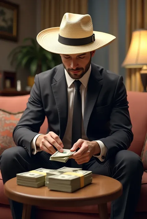  Make the image of a man wearing a jacket, tie and large hat made of woven straw with a tall top , wide cream-white color ,  receiving bundles of dollars on a small table in a living room while sitting on a sofa counting many bundles of dollars.