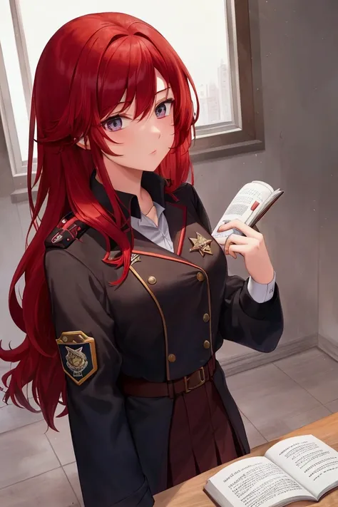  The guy with red overgrown hair,  brown-reddish eyes , with a book in her hands ,  in a school academy uniform , with patches , , the lip is slightly broken 