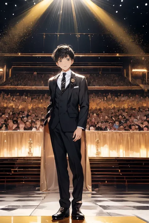 ((Best quality)), ((masterpiece)), (detailed), ((perfect face)), 10 old boy, short boy, black hair, 150 cm tall, standing alone on an awards ceremony stage, full body, spotlight, Wear a suit, Holding a golden trophy, ceremony stage, stage, spotlight (dista...