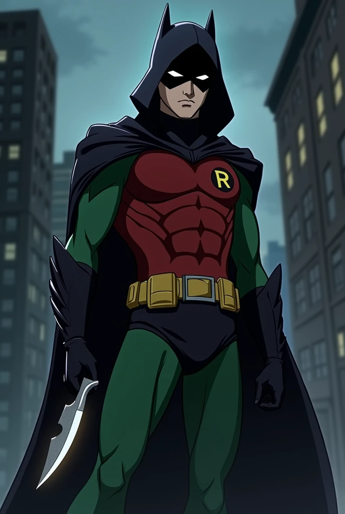 Make an animated Damian Wayne as robin with hood up holding a bat shaped knife